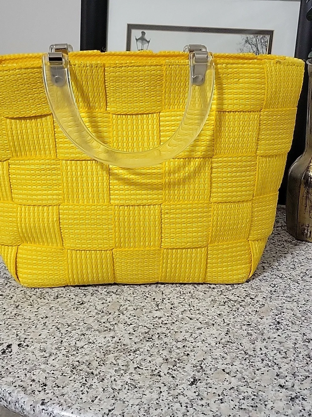 Yellow Woven Bag Lucite Handles Zippered Top Vintage Italian Alma Creazioni - Picture 5 of 16